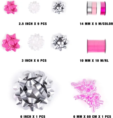 Vista 2 de WRAPAHOLIC Surtido de 19 lazos de regalo, 16 lazos de regalo de varios colores (rosa, blanco, plateado), 2 cintas rizadoras prensadas, 1 lazo rizado
