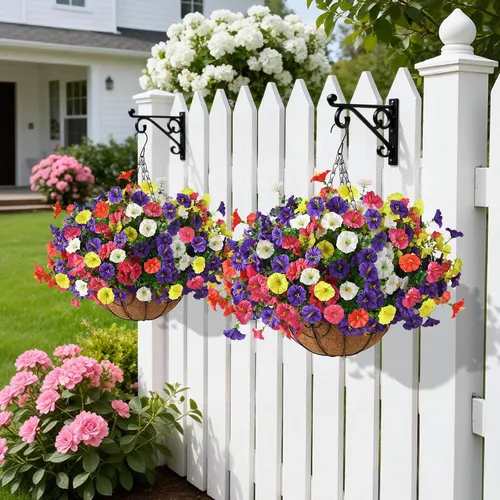 Vista 3 de Homsunny Plantas artificiales colgantes con cesta para exteriores, petunias falsas, de seda, para exteriores, porche, patio, balcón, jardín