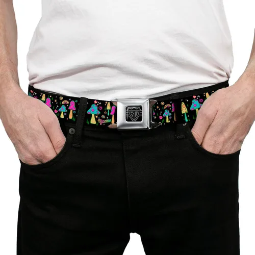 Vista 3 de Buckle-Down Cinturón, cinturón de seguridad hebilla cinturón, hongos jardín Shspacious negro multicolor, ajustable