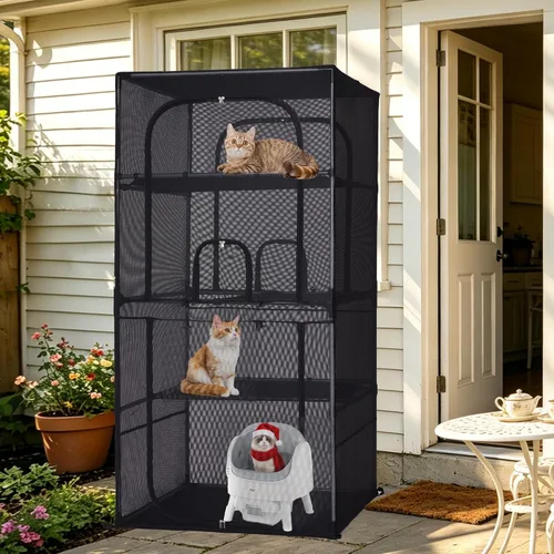 Vista 10 de Rockever Catio - Recinto para gatos al aire libre, jaula grande de 61.4 pulgadas para gatos con ventanilla, patio para gatos de 4 niveles, 6
