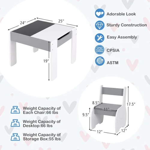 Vista 6 de Costzon Juego de mesa y silla para niños, mesa de actividades de madera 4 en 1 y 2 sillas con pizarra desmontable para arte, manualidades, dibujo
