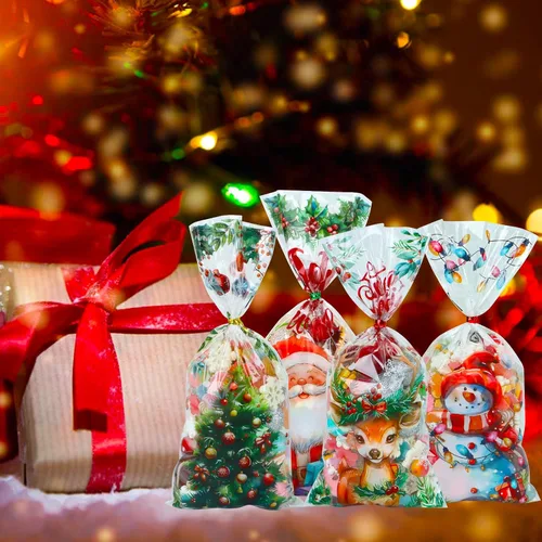 Vista 5 de DIYASY Bolsas de celofán de Navidad, 180 bolsas de regalo de Navidad, bolsa de plástico para dulces, bolsa transparente para bocadillos con lazos