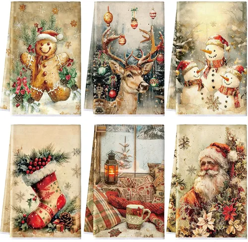Vista 12 de Hosuly 6 Piezas Toallas de Cocina Navideñas Afroamericanas Paños de Platos de Santa Negro Toallas de Mano Navideñas Negras y Rojas Santa Ángel Acebo