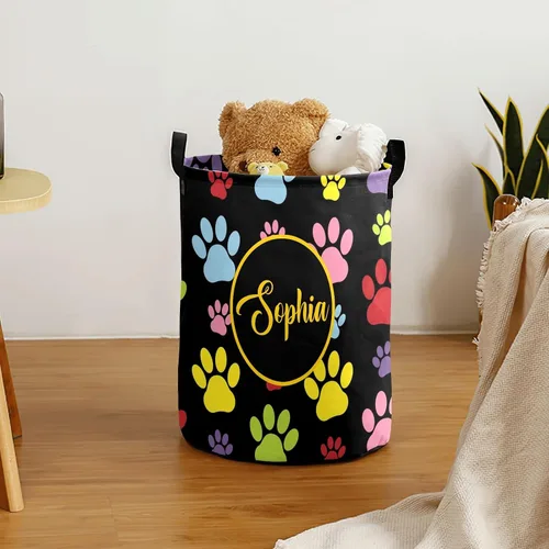 Vista 3 de Cesta de lavandería personalizada con texto y nombre, impermeable, para dormitorio, sala de estar, cesta de almacenamiento
