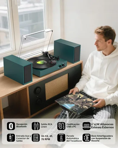 Vista 5 de Reproductor de discos Bluetooth retro con altavoces externos, tocadiscos de 3 velocidades con transmisión por correa, grabación USB a PC, salida AUX