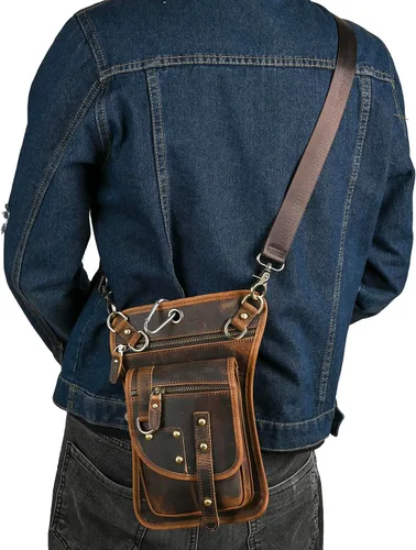 Vista 3 de Riñonera de viaje de lona + cuero para motocicleta, bolsa de cintura para muslo, bolsa para hombres y mujeres FB2141