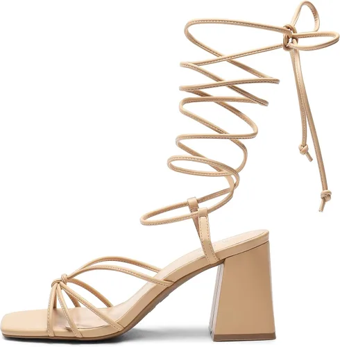 Vista 2 de DREAM PAIRS Sandalias de tacón alto con cordones para mujer, tacón alto cuadrado y puntera abierta, sandalias gruesas para fiestas, viajes y citas