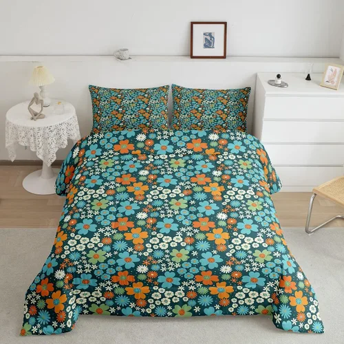 Vista 2 de Juego de ropa de cama floral retro, tamaño individual, vintage de los años 70 y 60, juego de edredón para niños, adultos y adolescentes, juego