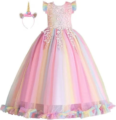 Vista 5 de Vestido de tul de unicornio arcoíris para niñas, vestido de princesa para cumpleaños, Halloween, Navidad, concurso de baile, fiesta de baile