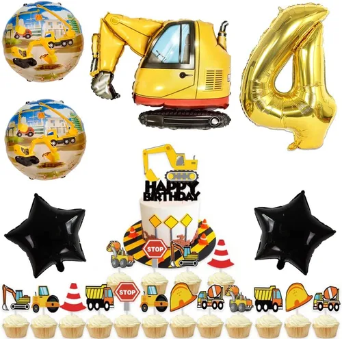 Vista 5 de Globos de construcción para fiesta de 4º cumpleaños, globos de construcción para decoración de 4º cumpleaños, globo de aluminio de excavadora Oro 4