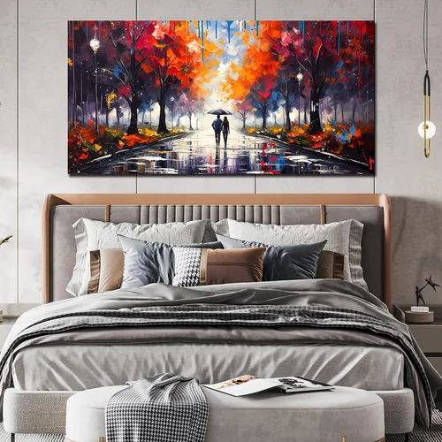 Vista 4 de Lienzo grande para pared de sala de estar, dormitorio, pareja caminando bajo la lluvia, graffiti, árbol rojo, impresiones en lienzo enmarcadas