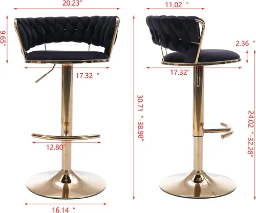 Vista 2 de Juego de 2 taburetes de bar tejidos de terciopelo, taburetes de cocina de altura ajustable, silla de isla, sillas de bar giratorias de 360°, chasis
