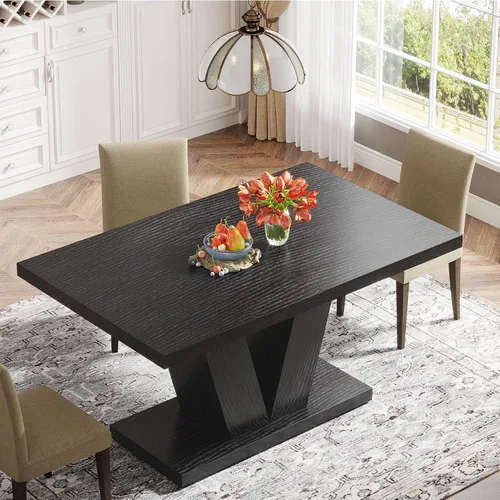Vista 8 de Tribesigns Mesa de comedor de 47 pulgadas para 4, mesa de comedor de cocina negra con pedestal resistente, mesa de comedor de madera de granja