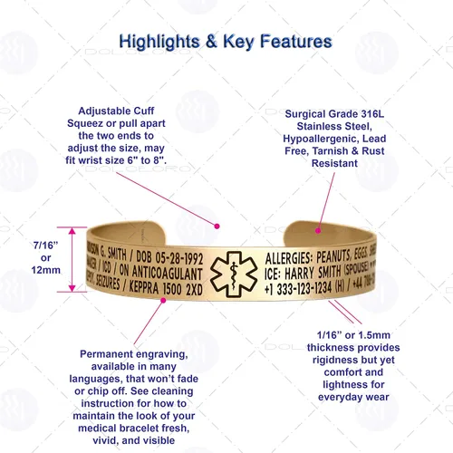 Vista 15 de Pulsera de identificación de alerta médica, acero inoxidable 316L, personaliza y personaliza, selecciona un tamaño de muñeca, de 6 a 9 pulgadas