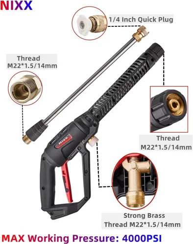Vista 4 de NIXX Pistola de lavado a presión con varilla de extensión de lavado eléctrico 4000PSI, 5 puntas de boquilla de pulverizador, juego de adaptadores