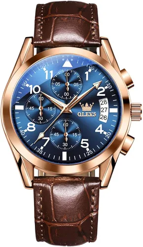 Vista 8 de OLEVS Reloj cronógrafo de cuarzo para hombre correa de cuero dorada con fecha de día reloj de pulsera de acero inoxidable impermeable relojes