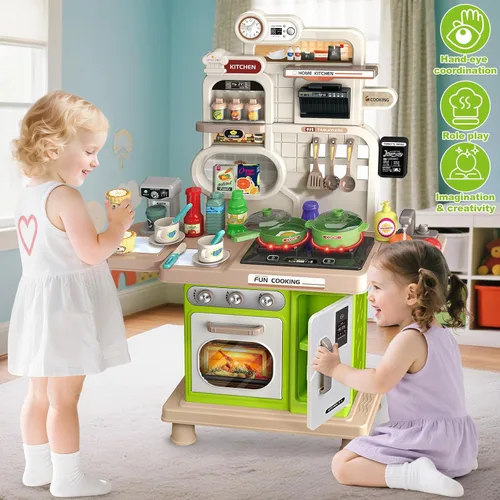 Vista 6 de Juego de cocina, juego de cocina para niños con sonido y luz realista, estufa de cocina, fregadero, comida de juego y accesorios, 57 piezas