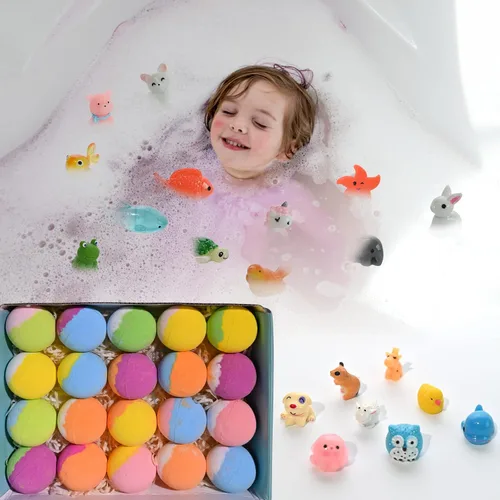 Vista 3 de Bombas de baño para niños con sorpresa en el interior, paquete de 20 bombas de baño para niños, juego de regalo con juguetes para niñas y niños