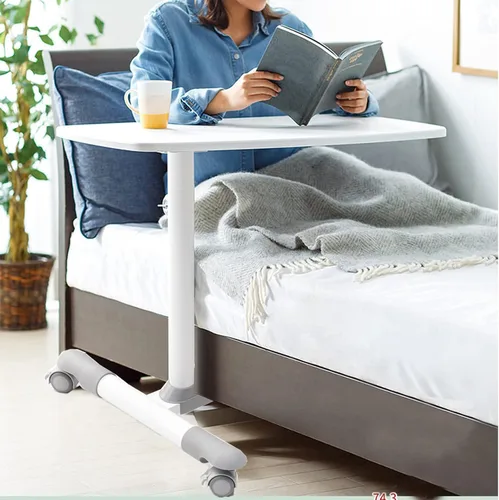 Vista 7 de ETHU Mesa de cama con elevador hidráulico, mesa de cama ajustable de altura de 27.1 a 34.2 pulgadas con ruedas bloqueables, mesa de grano de madera