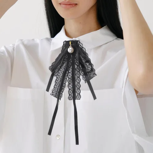 Vista 2 de KESYOO Broches de lazo para mujer, corbata de lazo de perlas de encaje negro, broche de perlas, lazo para el cuello, lazo de encaje para mujer