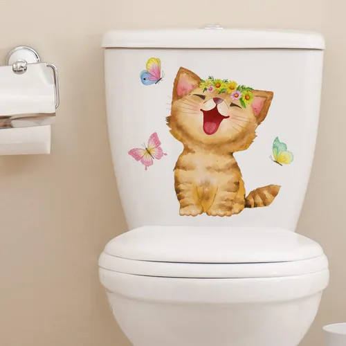 Vista 5 de Generic Calcomanías para tapa de inodoro con diseño de gato que ríe, diseño de gato blanco con dibujos animados, material de PVC impermeable