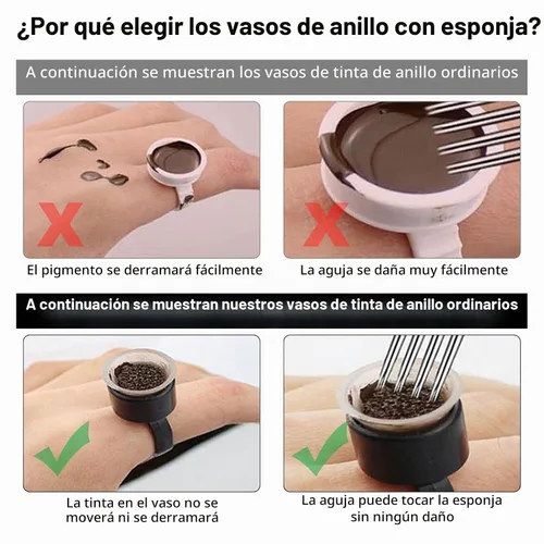 Vista 2 de Vasos de anillo de tinta, 50 anillos de pigmento, anillos de pegamento de pigmento de microblading con copas de tinta de esponja, tapas
