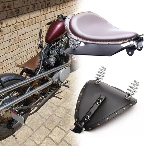Vista 2 de Asiento Individual de Motocicleta Marrón de 3 Pulgadas con Remaches y Resorte con Placa Base, Kit de Montaje de 3 Pulgadas Compatible con Harley