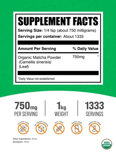 Vista 2 de BulkSupplements. com Polvo de matcha orgánico – Matcha en polvo para café con leche, matcha de grado culinario – Orgánico y sin gluten, 750 mg por