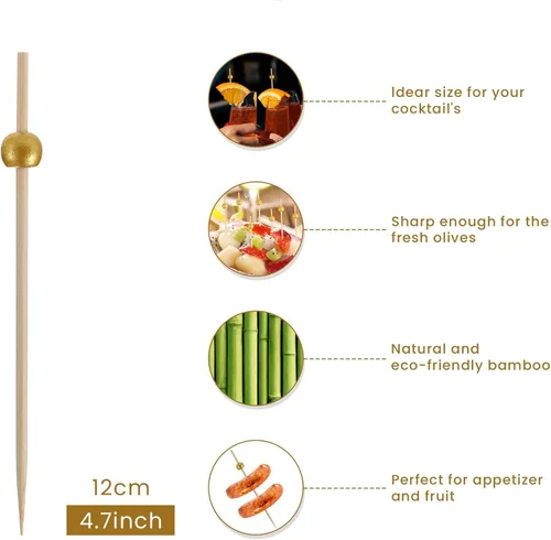 Vista 2 de Palos de cóctel dorados – 200 piezas de pinchos de cóctel de 4.7 pulgadas de largo para aperitivos – Brochetas de bambú para tablas de charcutería