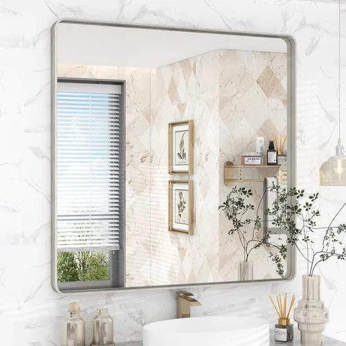 Vista 40 de Espejo rectangular para pared de baño de 20x30 pulgadas con marco negro mate, espejo de tocador con esquinas redondeadas, espejo de baño de metal