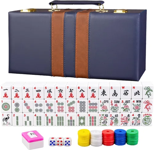 Vista 10 de Juego de azulejos de Mahjong americano de lujo, estuche de cuero sintético Café