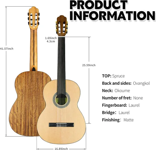 Vista 2 de TARIO Guitarra clásica sin trastes de 39 pulgadas Guitarra acústica tamaño completo Tapa de abeto Ovangkol espalda y lados Okoume diapasón de laurel
