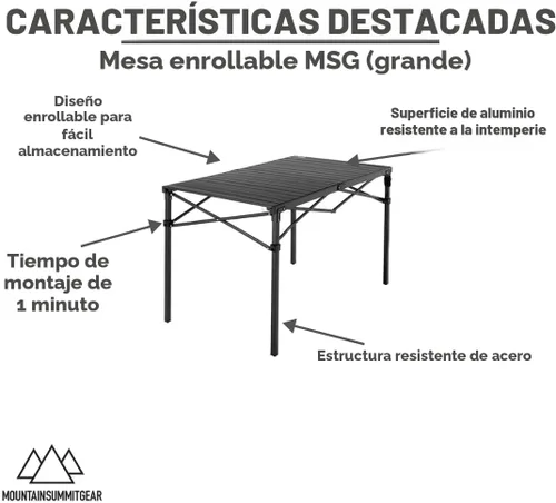 Vista 4 de MOUNTAIN SUMMIT GEAR Mesa de Rollo Superior Resistente para Acampar (Grande) - Mesa Plegable Portátil con Parte Superior de Aluminio y Estructura