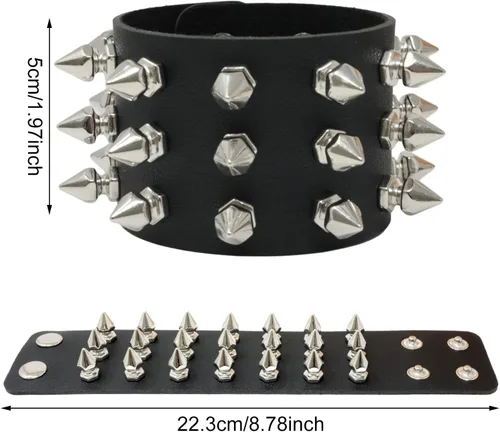 Vista 3 de 2 pulseras exageradas de piel sintética negra con remaches con tachuelas, pulsera ancha gótica punk rock estilo joyería para hombres y mujeres