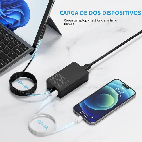 Vista 3 de Adaptador de corriente para cargador portátil Surface Pro de 65 W para Microsoft Surface Pro Compatible with Surface Pro 3/4/5/6/7/7+/8/9/X