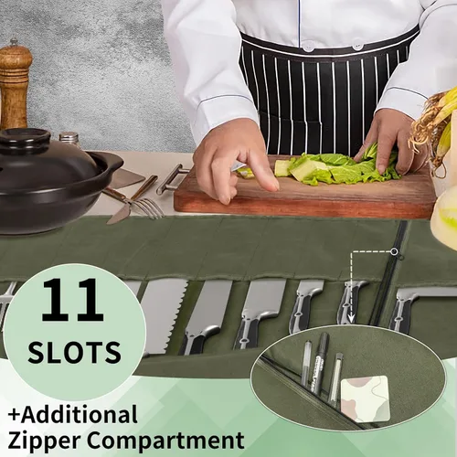 Vista 3 de lelezone Bolsa enrollable para cuchillos de chef, resistente al agua, funda de lona encerada para cuchillos, bolsas enrollables para chefs