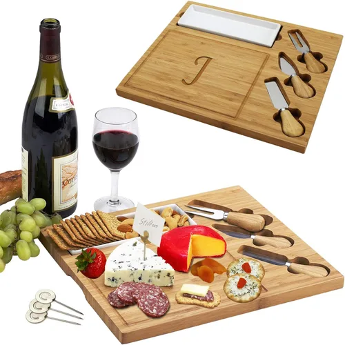 Vista 10 de Picnic at Ascot - Tabla de quesos de bambú grabada, personalizada, con 3 cuchillos de queso, plato de cerámica y marcadores de queso, diseño