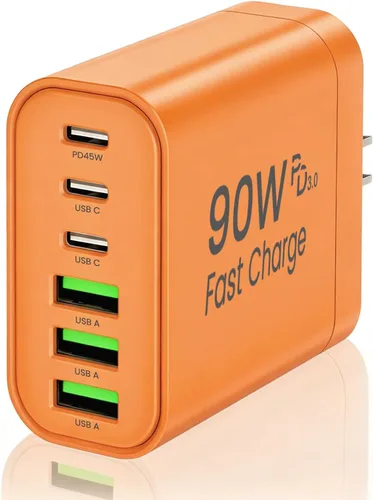 Vista 10 de Bloque de cargador USB C GaN de 90 W, cargador de pared USB C de 6 puertos de carga rápida, adaptador de corriente PD de 45 W para iPhone 17Pro