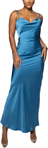 Vista 3 de BOIBOKOKO Vestido largo sexy sin espalda para mujer, vestido largo ajustado de satén Y2K con tirantes delgados, sin mangas, cuello vuelto