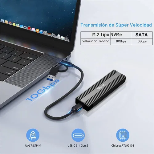 Vista 2 de Carcasa SSD M.2 portátil USB3.1 Tipo-C 10Gps SSD, compatible con NVMe/SATA Dos protocolos, adecuado para MacBook SSD Gen 2 (10 Gbps) a NVMe PCI-E