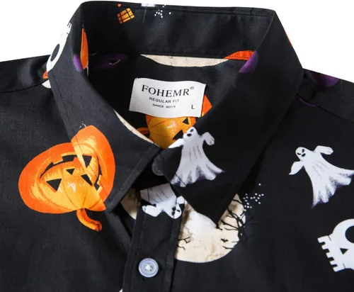 Vista 3 de fohemr Camisa divertida de Halloween para hombre, diseño de calabaza fea, manga larga, casual, con botones, disfraz de adulto para fiesta