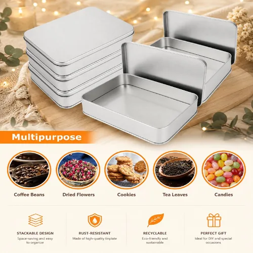 Vista 6 de Paquete de 8 cajas de latas de metal vacías con tapa, latas de galletas rectangulares de metal plateado para golosinas, regalos, regalos, velas