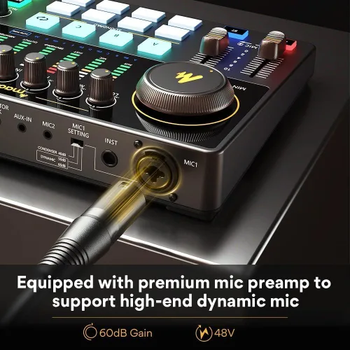 Vista 10 de MAONO Kit de Equipo de Podcast Interfaz de Audio de 10 Canales y Micrófono Dinámico XLR MaonoCaster con Preamplificador Profesional, 48V, Bluetooth