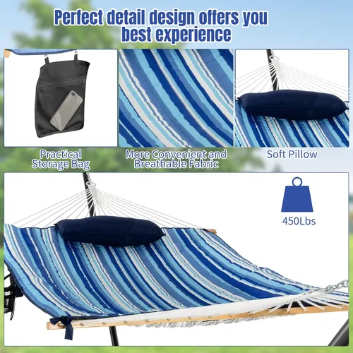 Vista 6 de Tangkula Hamaca doble con soporte, hamaca de acero para 2 personas de 12 pies con hamaca de algodón, almohada, portavasos, bolsa de transporte