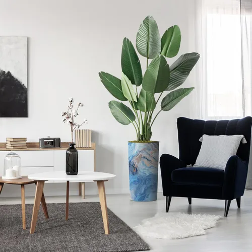 Vista 14 de Árbol artificial en macetero con efecto de granito moderno, palmera tropical areca artificial de seda para decoración del hogar en interiores