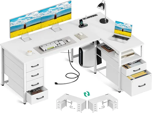 Vista 10 de Coleshome - Escritorio en forma de L para computadora con 6 cajones y toma de corriente, escritorio esquinero de 55 pulgadas con estante