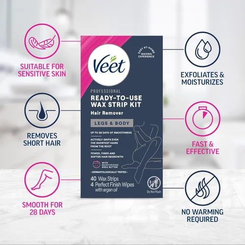 Vista 2 de VEET Tiras de cera de azúcar para depilación corporal de mujer, kit de depilación de bikini, púbico, dermatológicamente probado para áreas