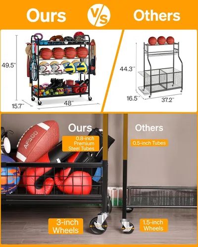 Vista 7 de EXTCCT Organizador de equipo deportivo de garaje, contenedor de almacenamiento de bolas rodantes con ruedas, estante de equipo deportivo de garaje