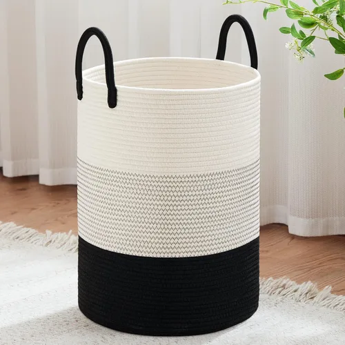 Vista 30 de VIPOSCO Cesta de lavandería tejida pequeña de 30L, color marrón y blanco