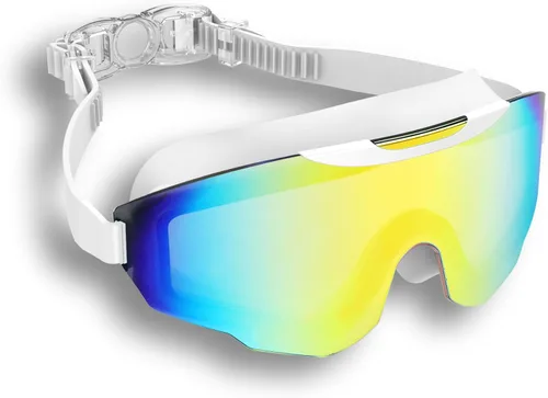 Vista 8 de Gafas de natación profesionales con revestimiento de espejo arcoíris, antiniebla, protección UV, correa ajustable, color blanco, negro Blanco Rosa